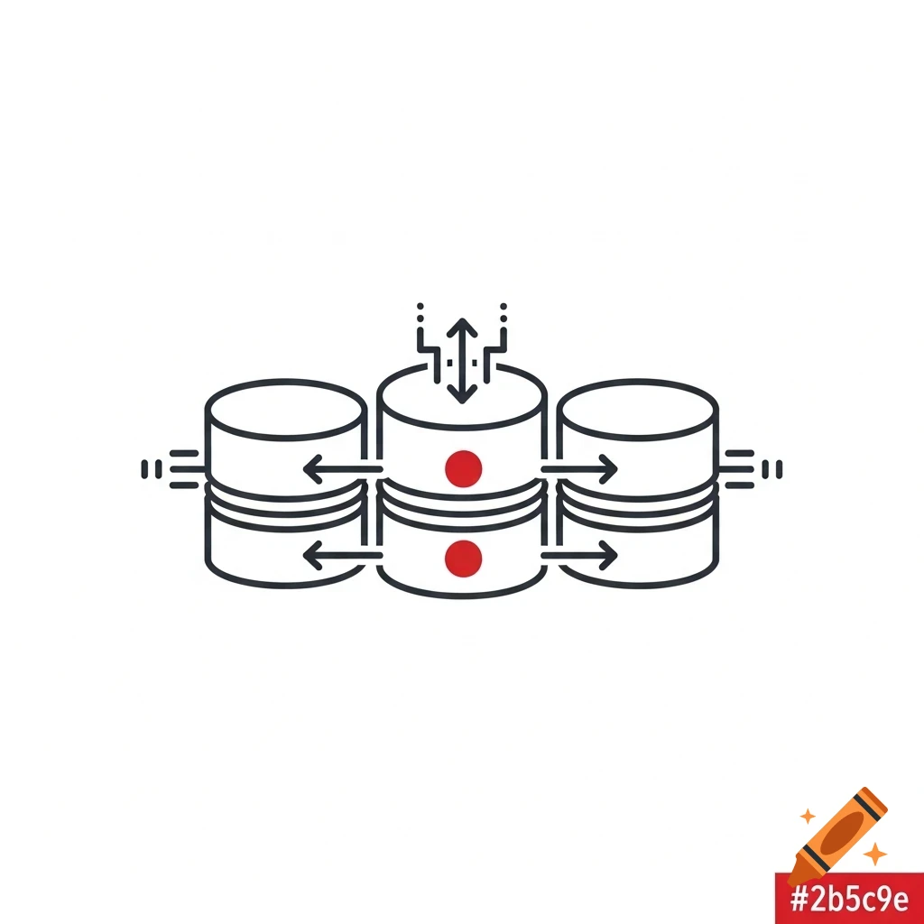 Line art icon of three database cylinders, with the center one showing data input/output and side ones showing data flowing to and from it.
