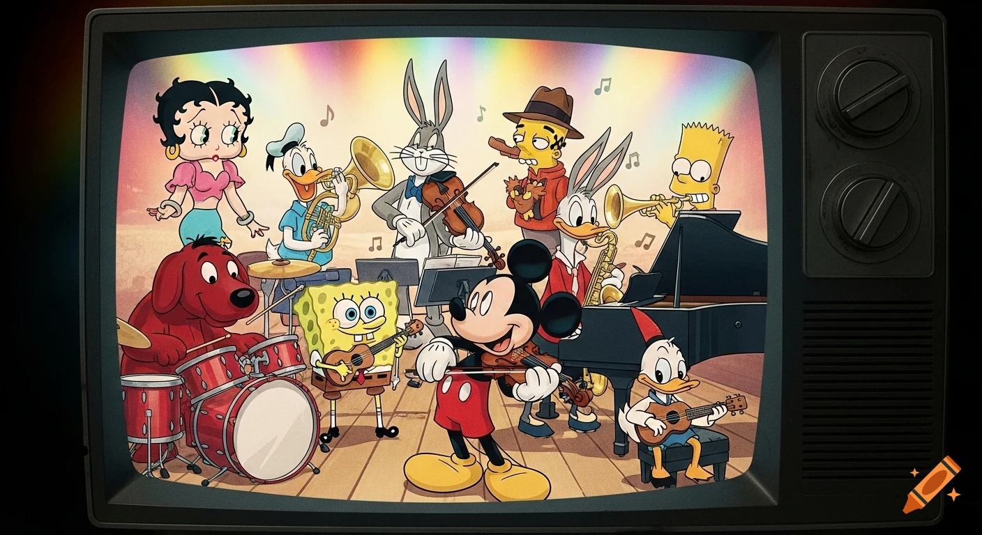 Famous cartoon characters like Mickey Mouse, Bugs Bunny, Spongebob, and Betty Boop play instruments in a musical orchestra on a retro TV screen.