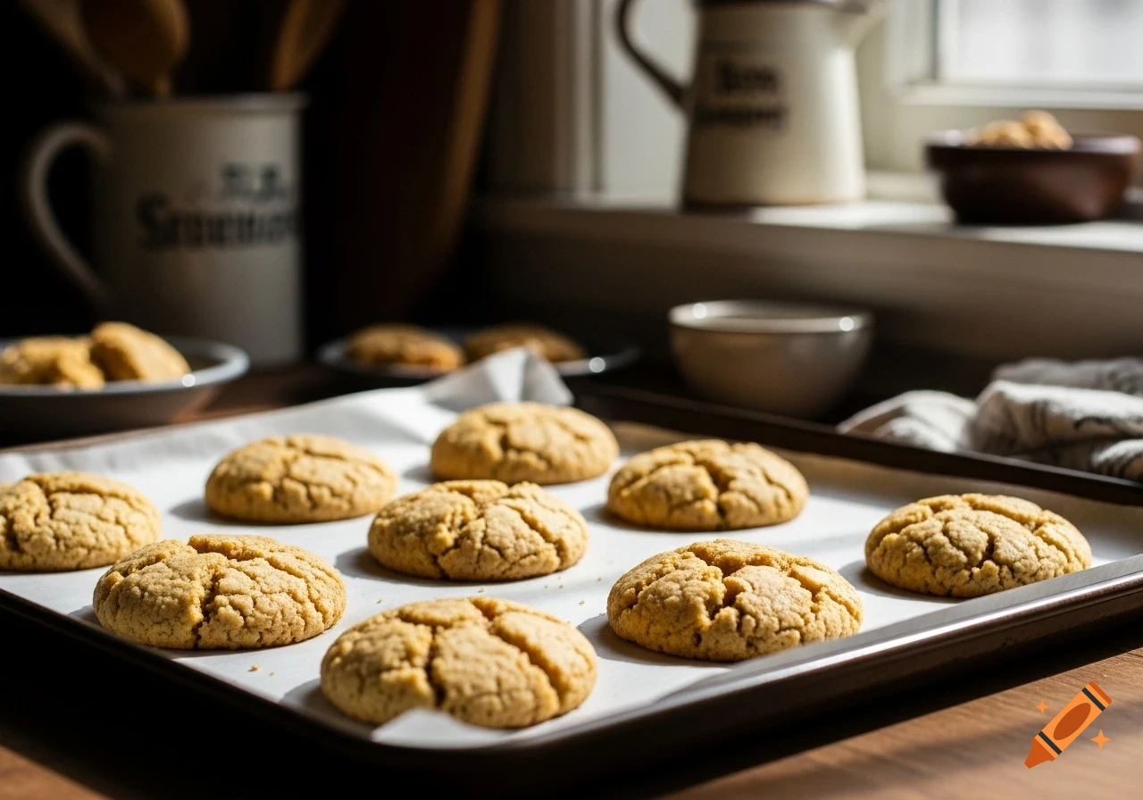 Golden, cracked-top cookies on a baking sheet with parchment paper in a rustic kitchen, bathed in warm natural light.
