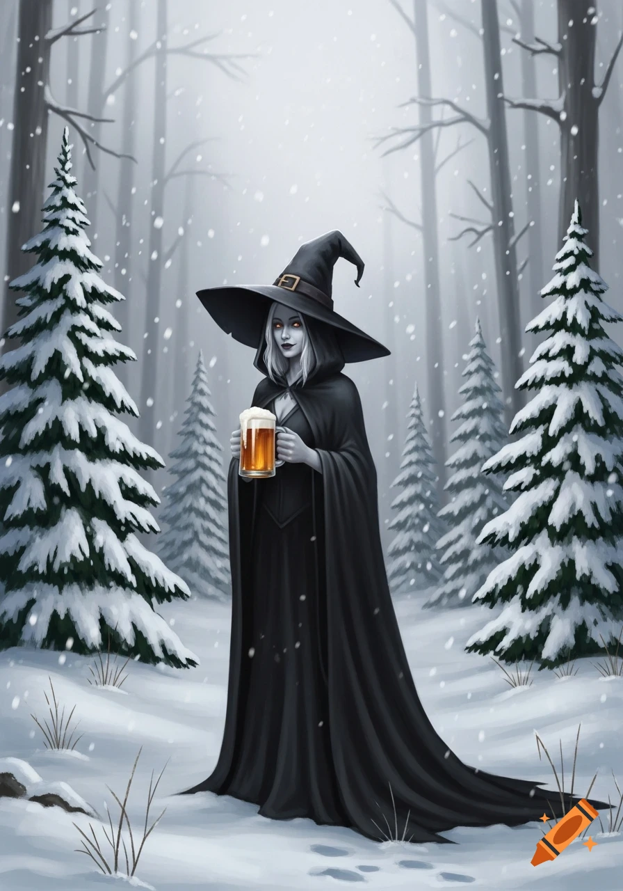 An illustration of a pale witch in a black cloak and pointed hat, holding a beer mug, standing in a snowy winter forest.