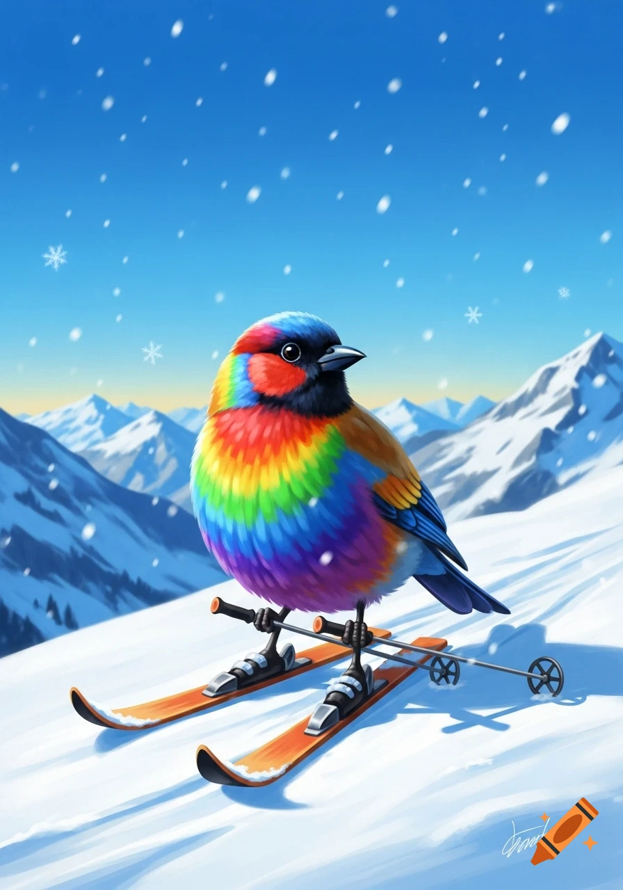 A vibrant rainbow-colored bird stands on skis with poles on a snowy mountain, with snowflakes falling under a blue sky.