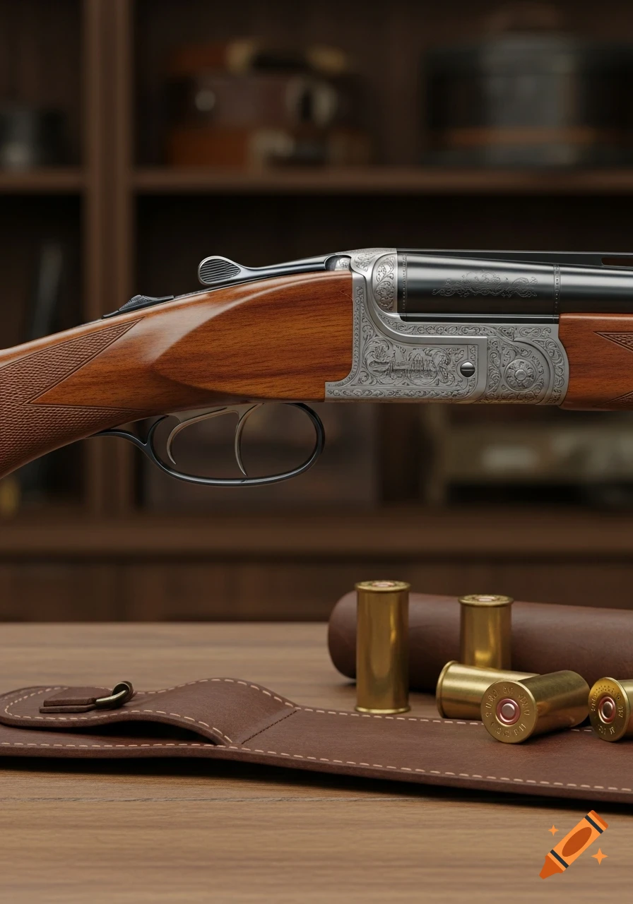 A detailed photorealistic close-up of a double-barreled shotgun with intricate engravings, resting on a wooden table next to brass shotgun shells and a leather case.