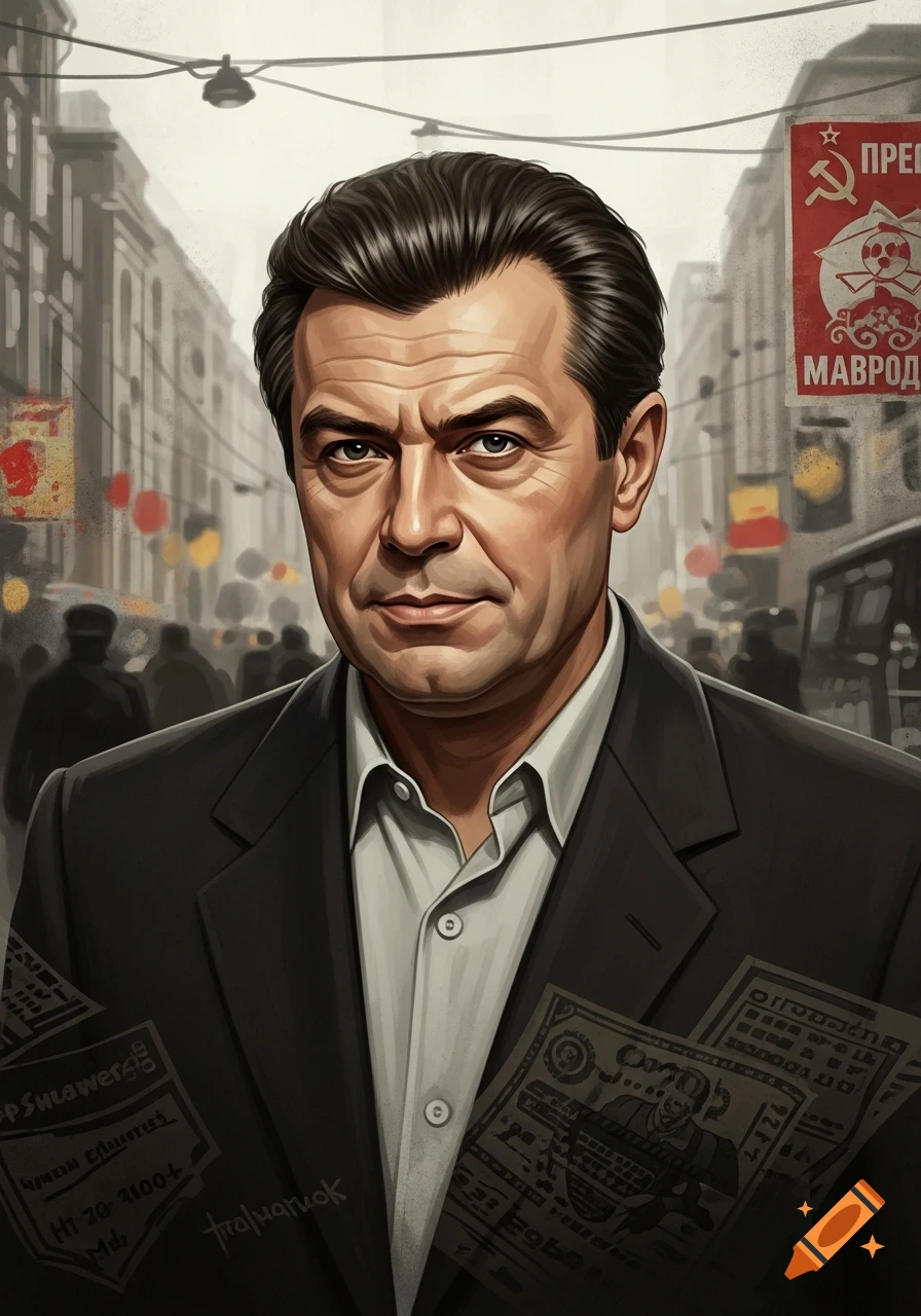 A stylized portrait of a man resembling Sergei Mavrodi, wearing a suit, standing in a city street with a poster featuring a hammer and sickle and the name MAVROD in the background. He holds documents or money with blurred text.