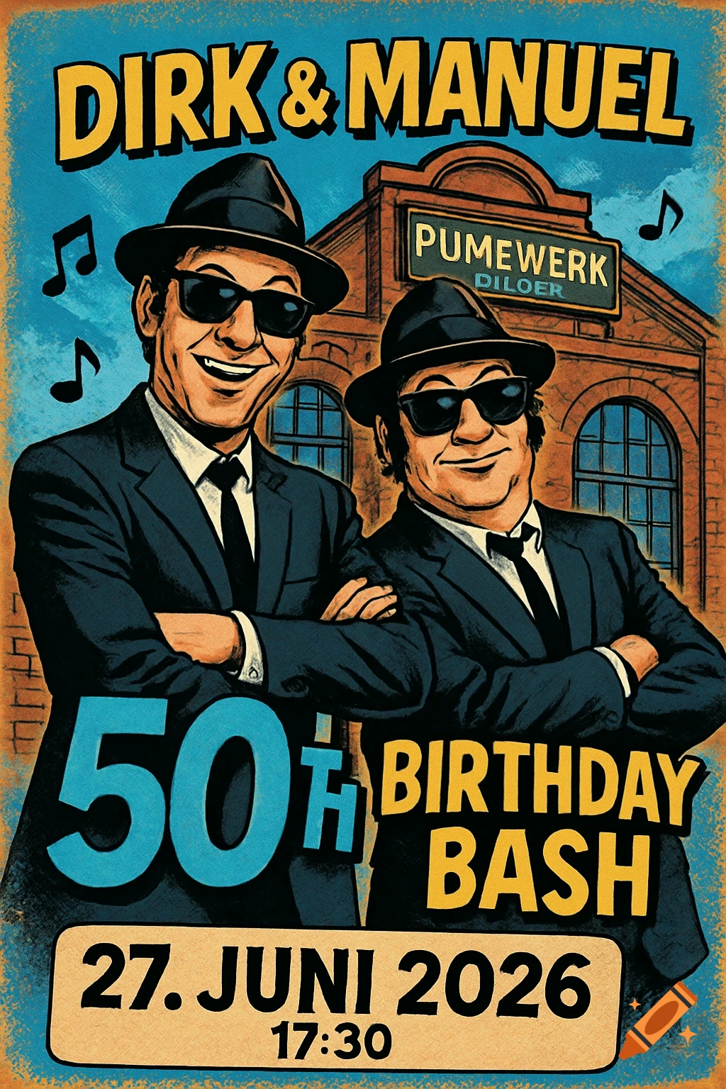 Comic-style birthday invitation poster featuring two men resembling the Blues Brothers in suits and hats, with text for "50th Birthday Bash" and event details.
