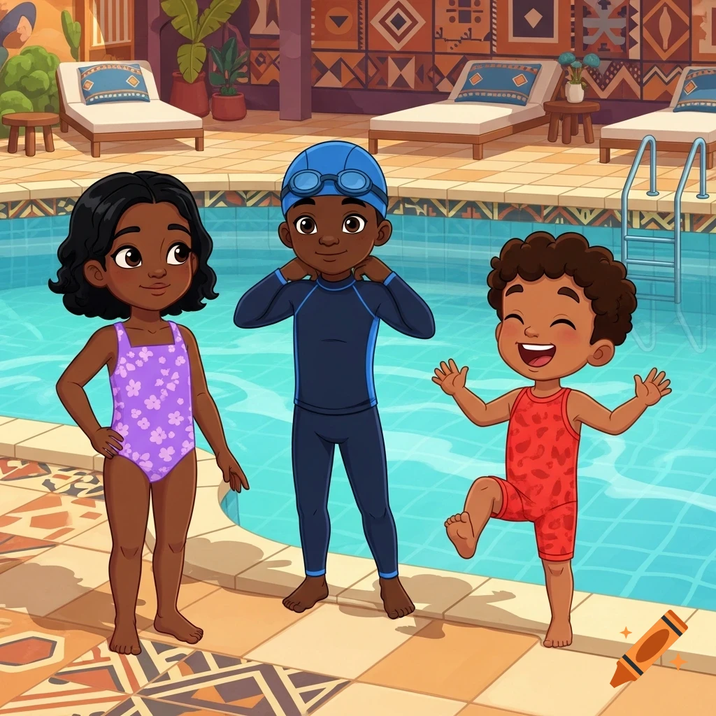 Three cartoon children, a girl in purple, a boy in blue and goggles, and a boy in red, standing by a pool with patterned walls.