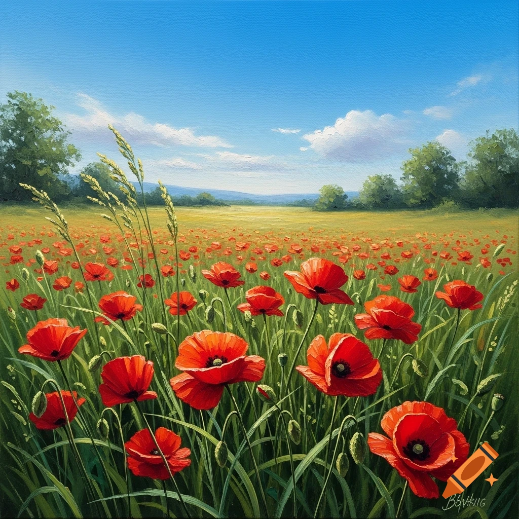 Vibrant oil painting of a wide red poppy field under a clear blue sky ...