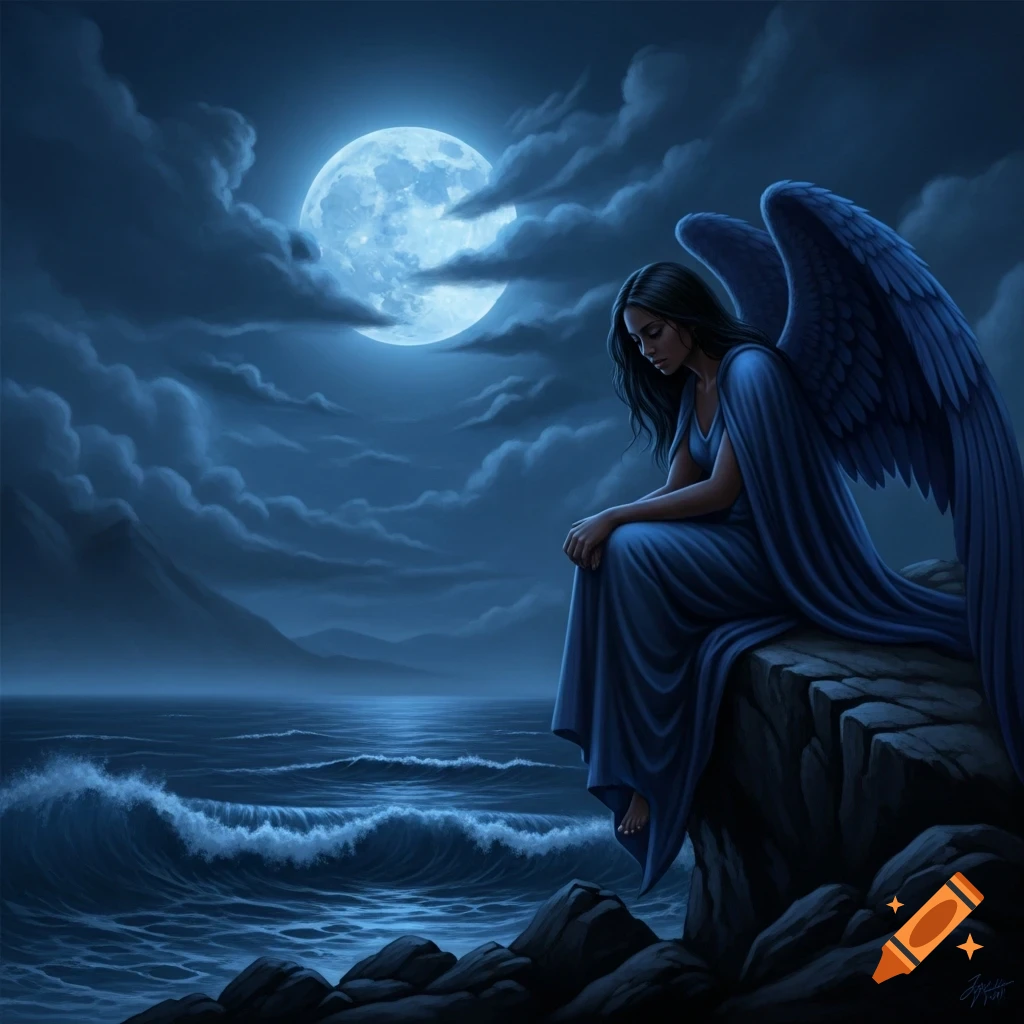 A sad Black female angel with dark blue wings sits on a rock, overlooking a dark, wavy ocean under a bright full moon at night.