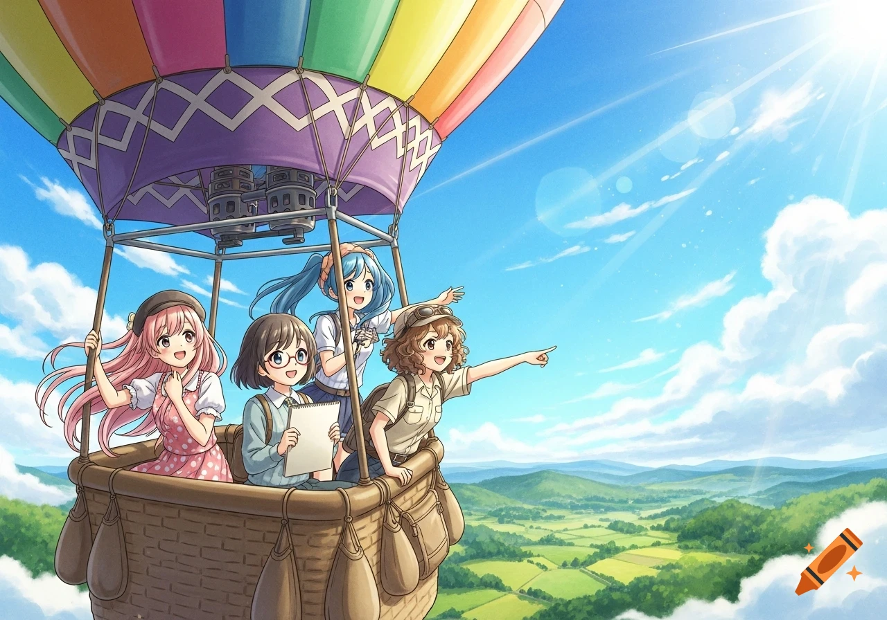 Four anime girls smile from a colorful hot air balloon, pointing at the vast green landscape below on a sunny day.