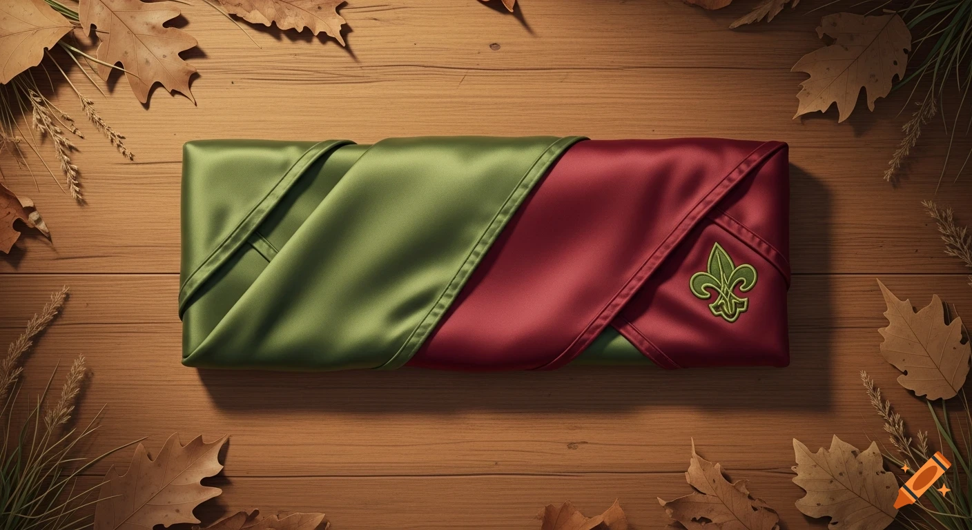 A red and green folded satin neckerchief with a green fleur-de-lis emblem on a wooden table with autumn leaves.