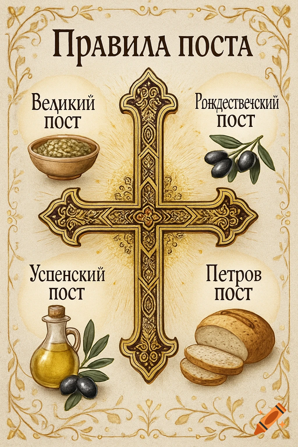 An illustrated guide to Orthodox fasting rules with a golden cross surrounded by food items representing Great Lent, Christmas, Dormition, and Apostles' Fasts.