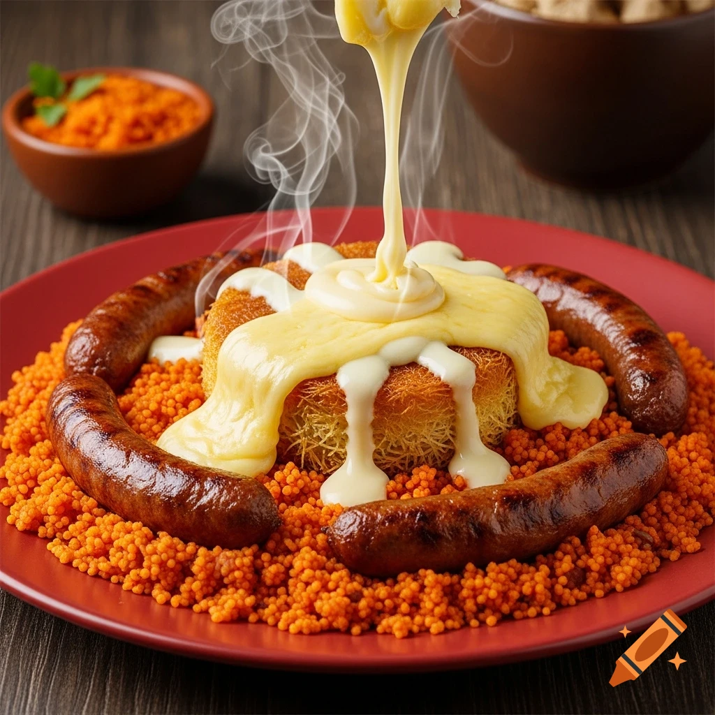 A fusion dish featuring couscous, merguez sausages, a crispy kunefe at the center, and melted cheese and cream being poured over it, with steam rising.