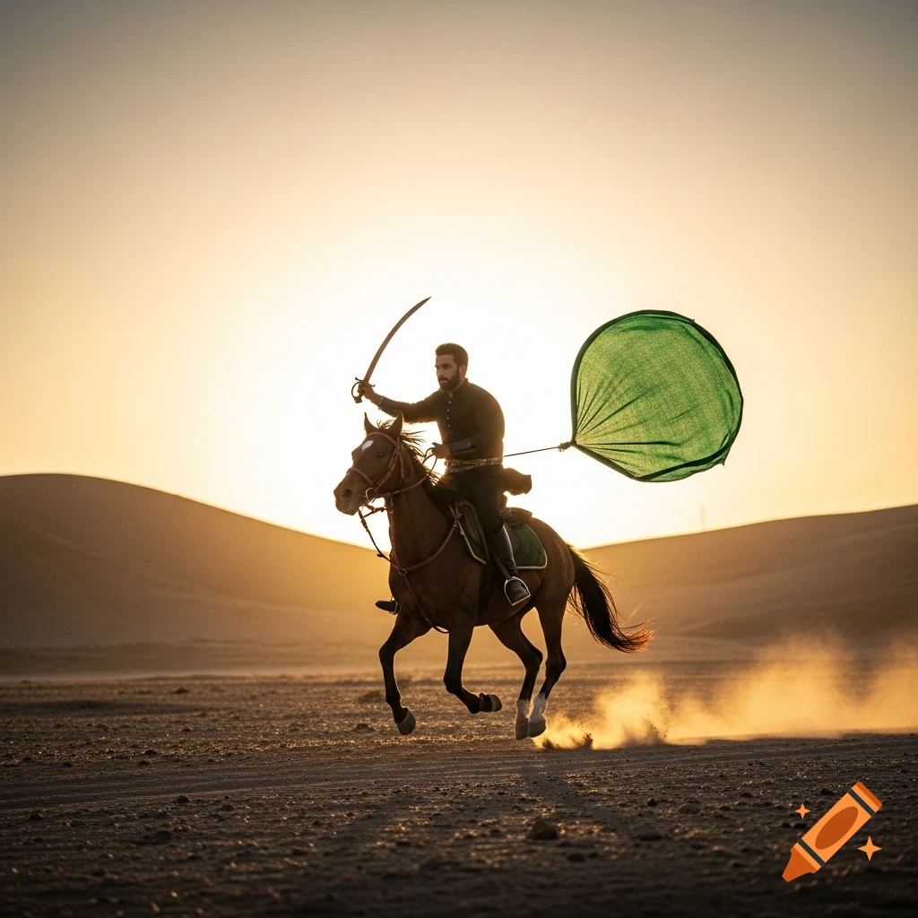 A warrior on horseback gallops through a dusty desert at sunset, wielding a sword and carrying a green flowing banner.