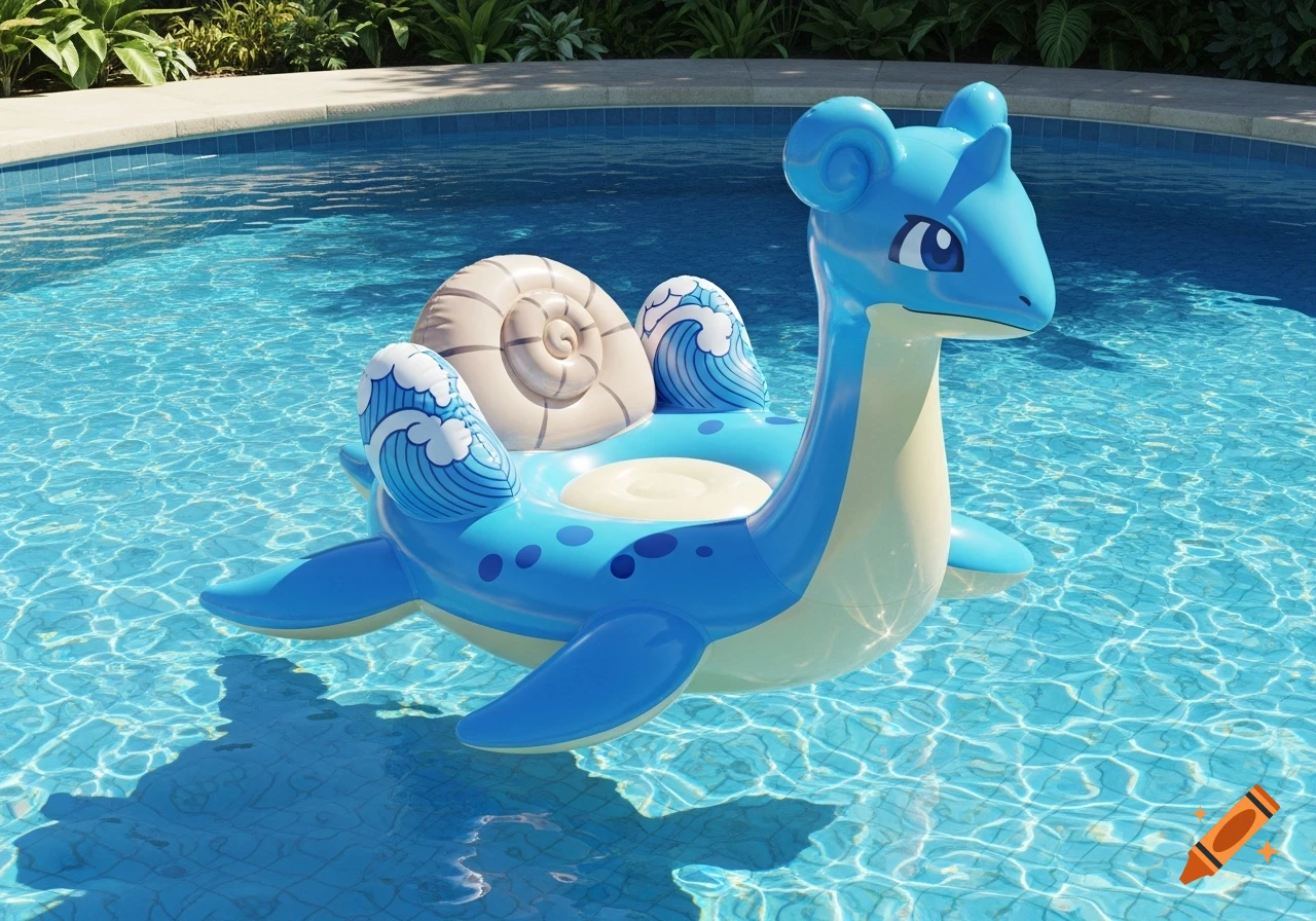 A blue Lapras pool float with a shell on its back floats in a sunny swimming pool with clear blue water.
