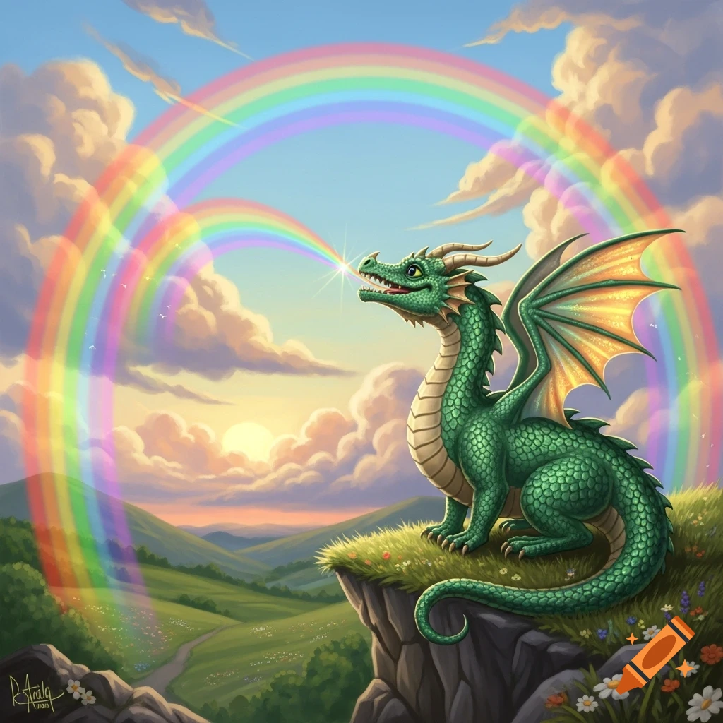 A whimsical green dragon with golden wings sits on a cliff overlooking a vibrant green valley, exhaling a bright rainbow into a cloudy sky at sunset.