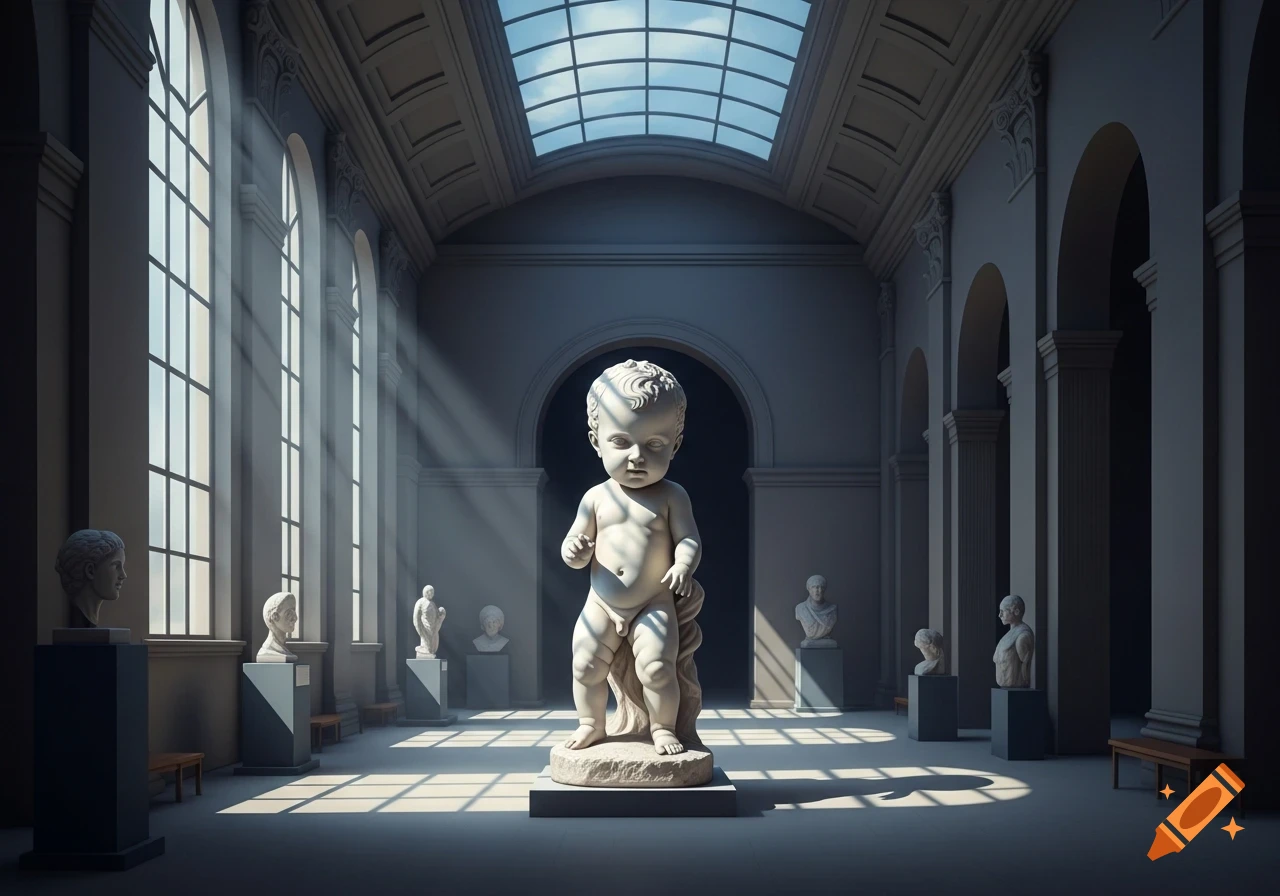 Photorealistic marble baby sculpture in the center of an empty museum hall with sunlight streaming through large windows.