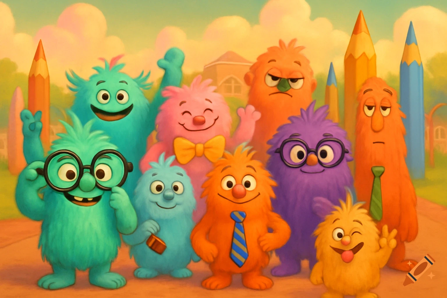 A group of colorful, fluffy cartoon monsters, some wearing ties or glasses, stand outdoors with giant pencils in the background.