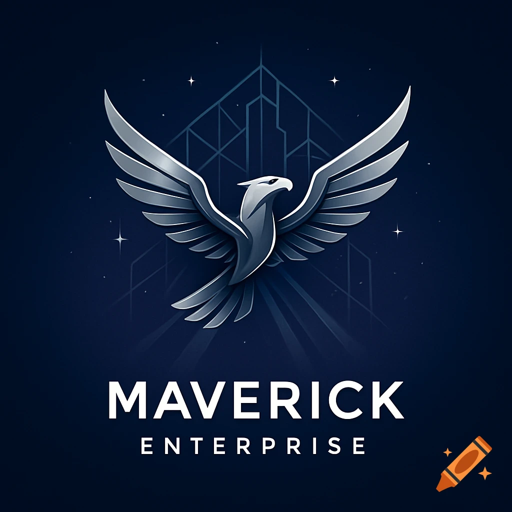 A stylized silver eagle logo with spread wings and a white head, set against a dark blue background with abstract lines and stars, above the text "MAVERICK ENTERPRISE".