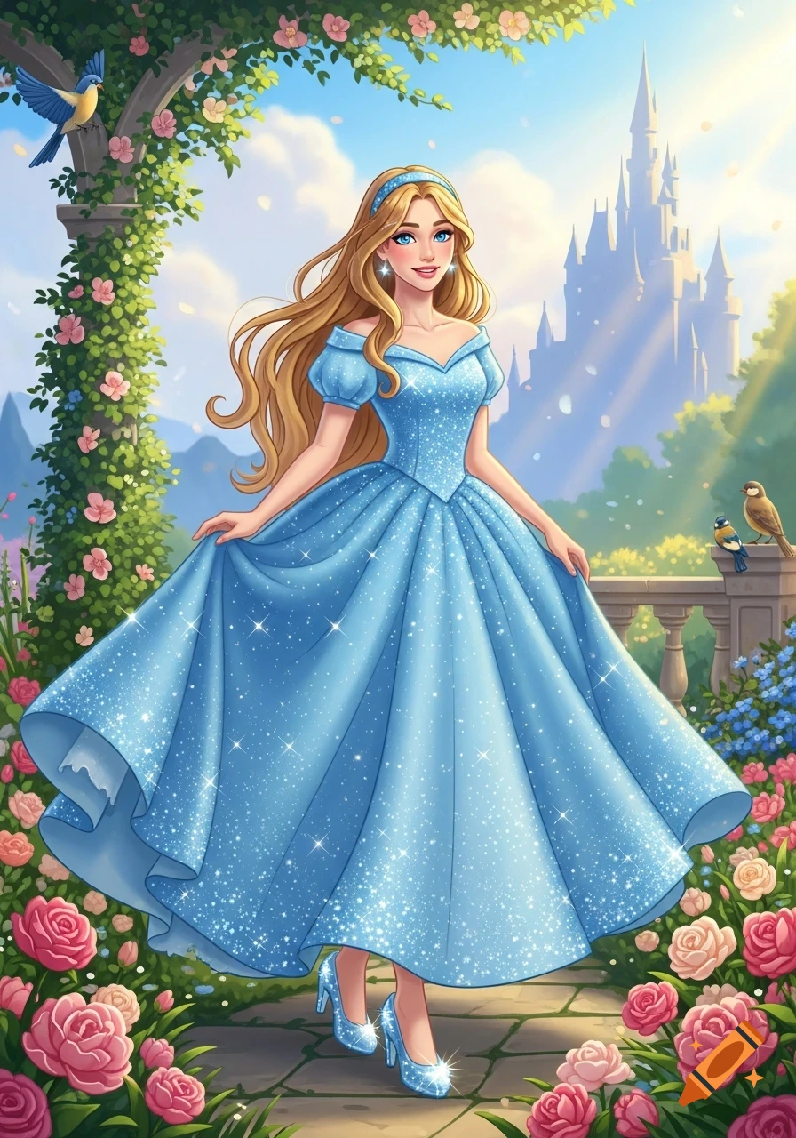Vibrant fantasy illustration of a blonde woman in a sparkling blue gown, surrounded by a lush garden with roses and birds, a castle in the background.