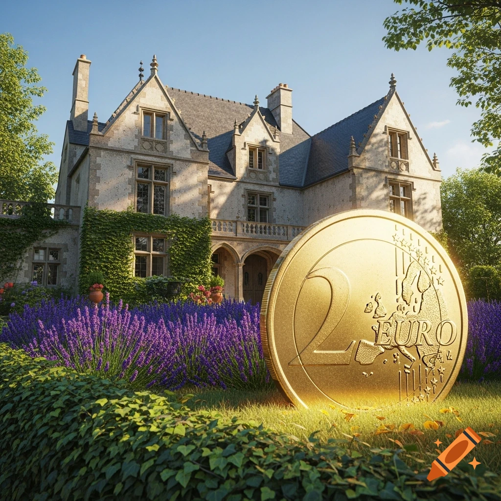 A large photorealistic gold 2 Euro coin stands in a lush garden with purple lavender and green bushes in front of an elegant stone house.