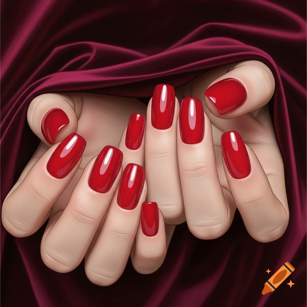 Two hands with long, shiny red fingernails resting on deep red, silky fabric, depicted in an illustrated style.