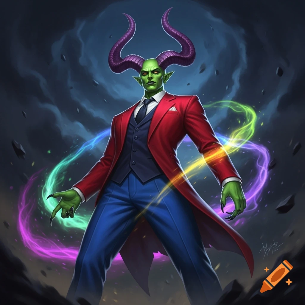 A green-skinned demon with large purple horns, red eyes, and sharp claws, dressed in a red suit and blue trousers, stands amidst colorful energy arcs against a dark, stormy sky.