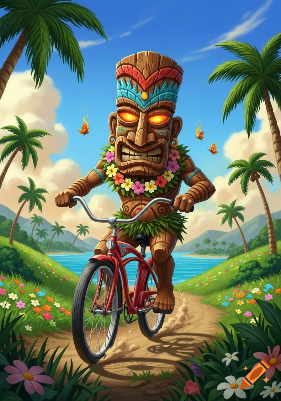 A cartoon tiki god with glowing eyes and a flower lei rides a red bicycle down a dirt path in a vibrant tropical landscape.