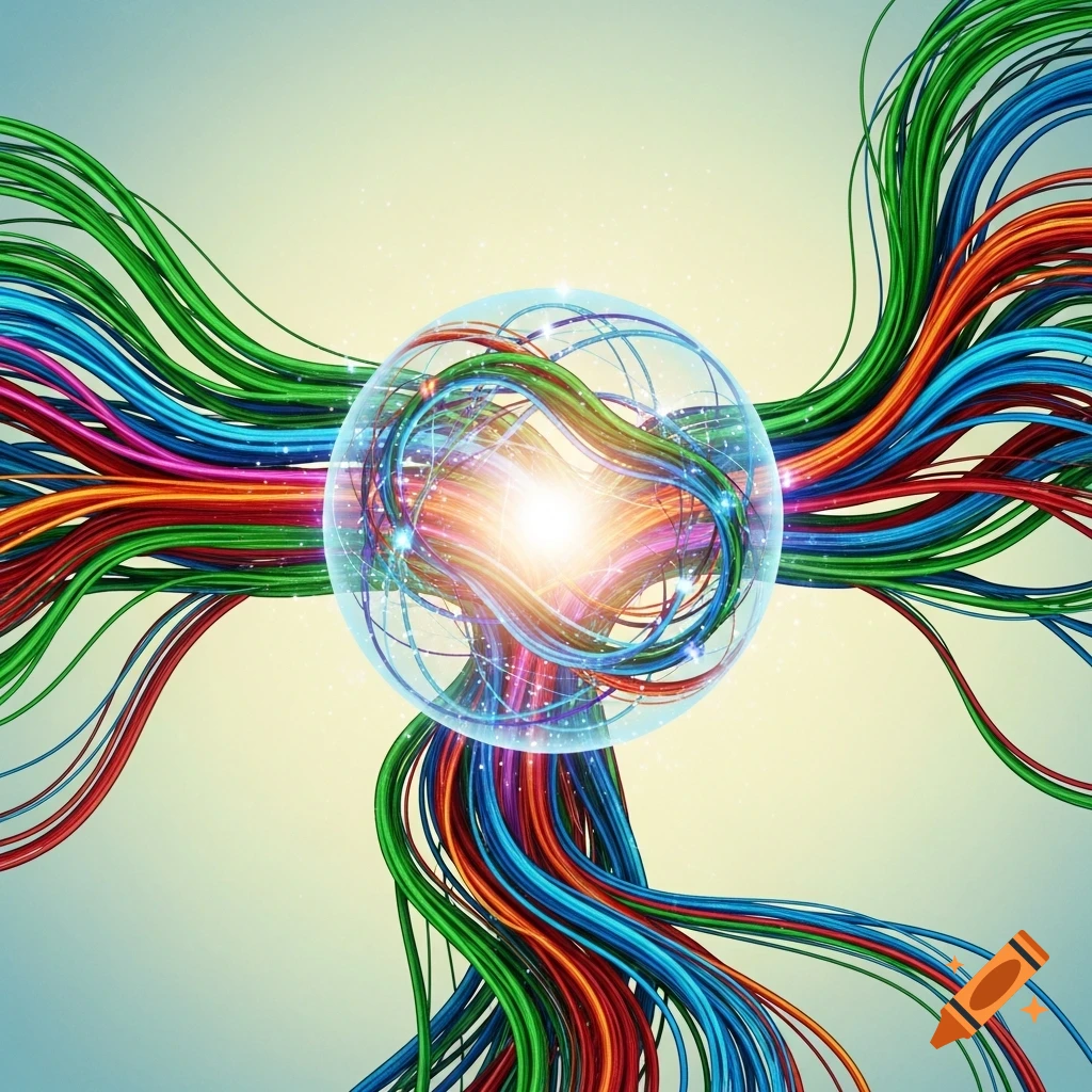 A glowing, clear sphere at the center, surrounded by and intertwined with numerous colorful wires in green, blue, red, and orange, against a light background.