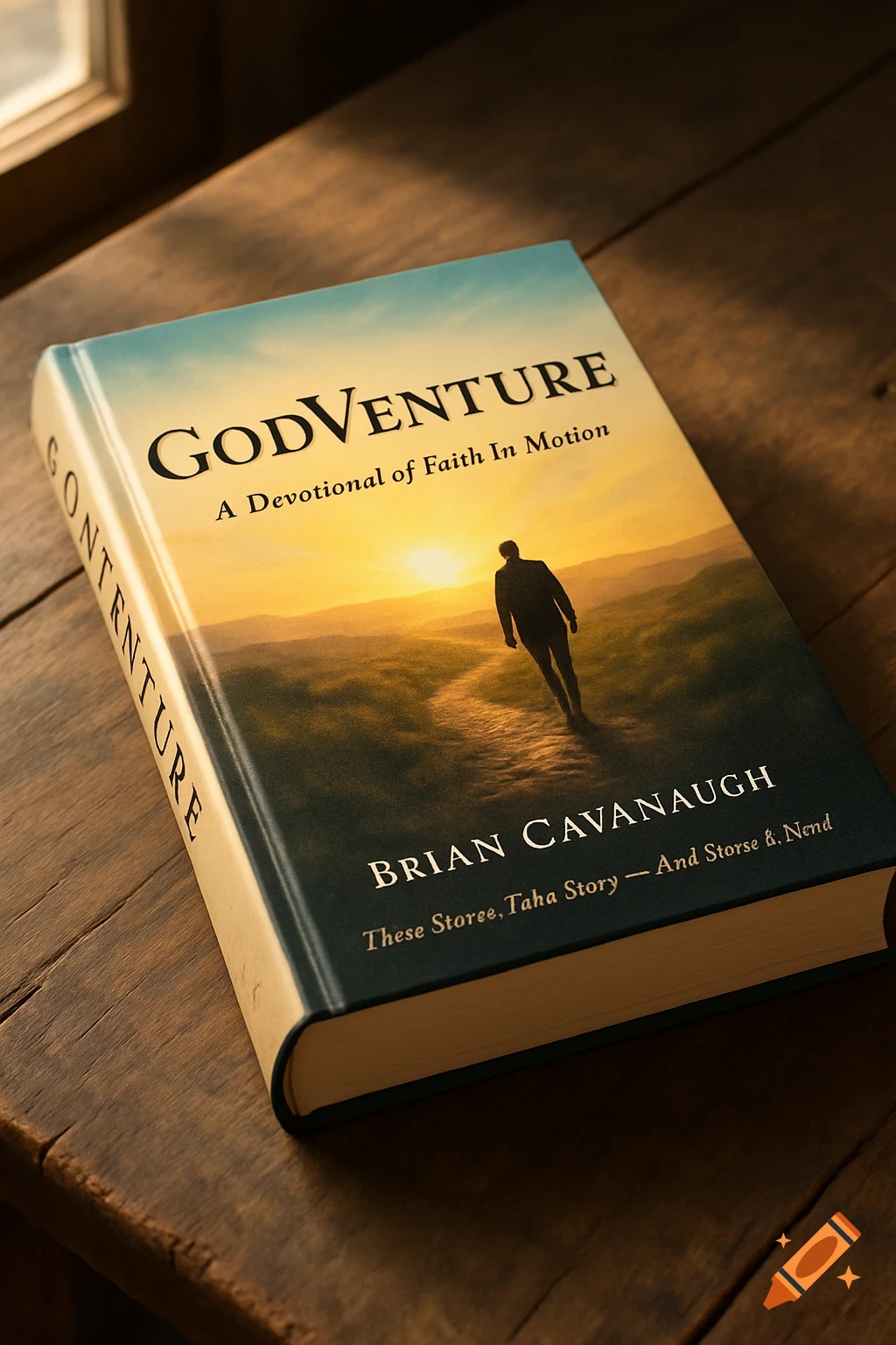 Photorealistic hardcover book titled 'GodVenture' on a wooden table, showing a man walking towards a sunrise over a winding path.