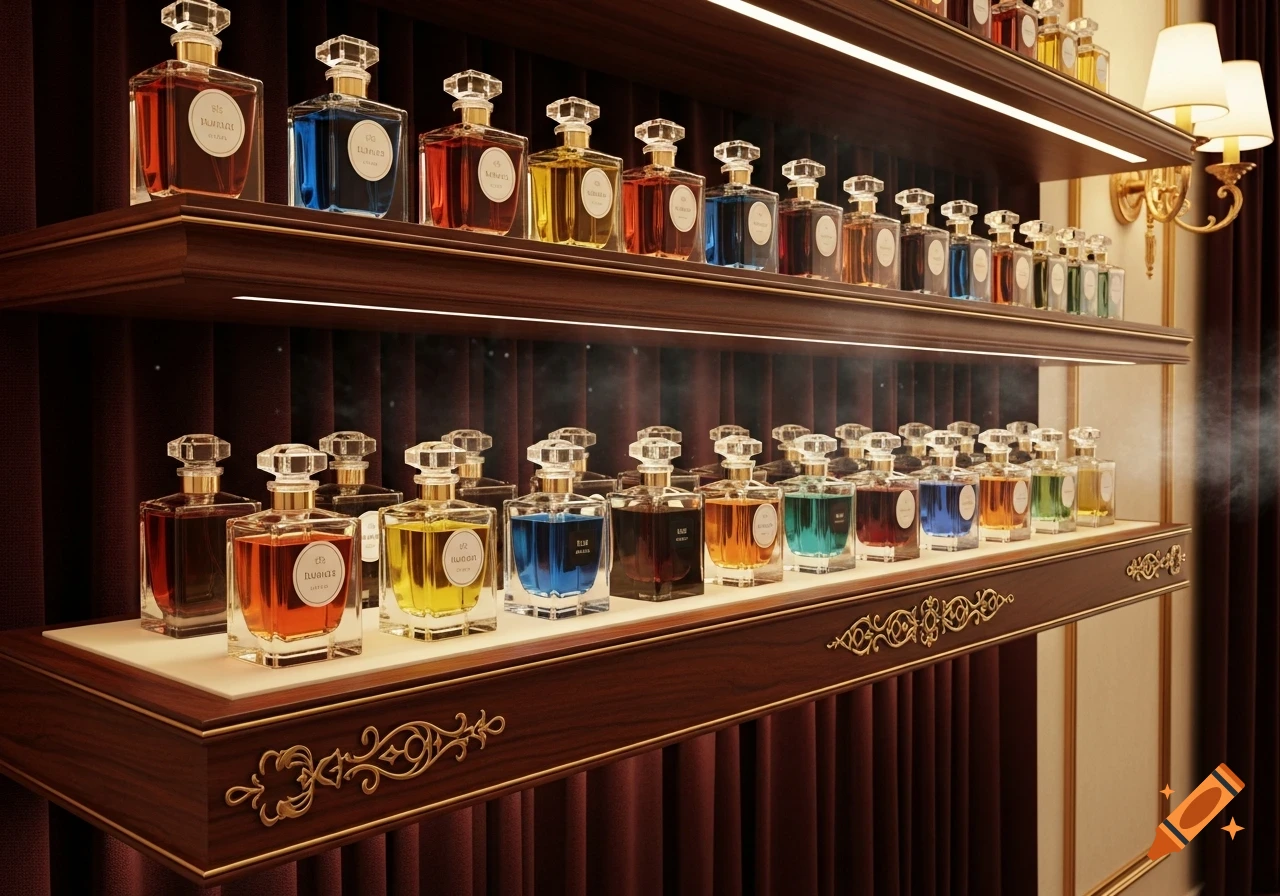 A luxurious display of numerous perfume bottles with colorful liquids on elegant wooden shelves, illuminated by LED strips and a wall lamp.
