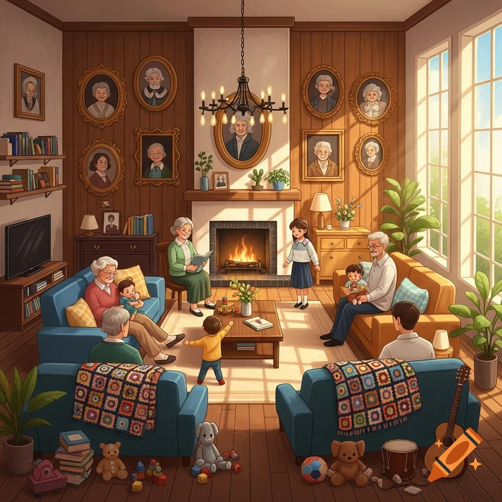 A multi-generational family relaxes in a cozy living room with a fireplace, surrounded by portraits and toys.