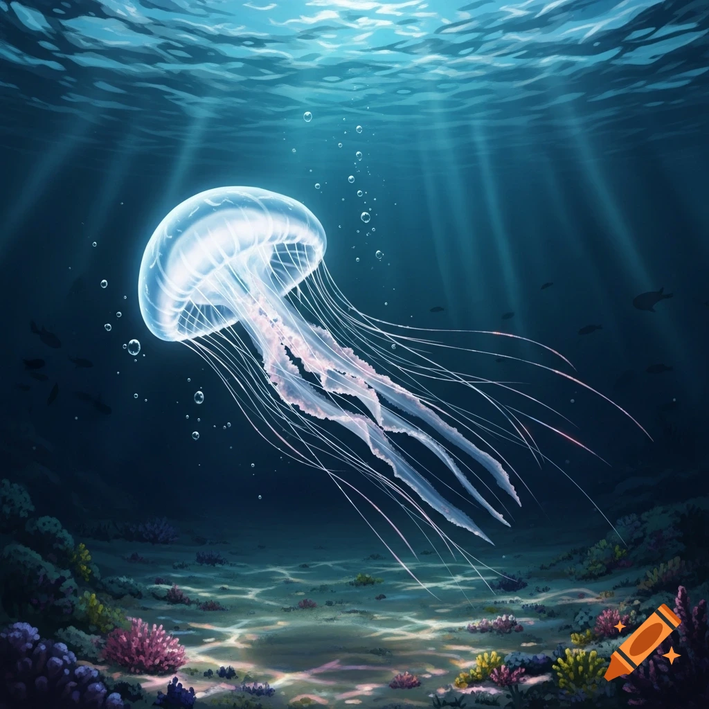 A luminous jellyfish with long tentacles swims in deep blue water, illuminated by sun rays, above a vibrant coral seafloor.