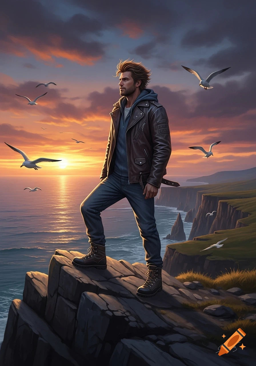 A man in a leather jacket stands on a rocky cliff overlooking the ocean at sunset with seagulls flying around.