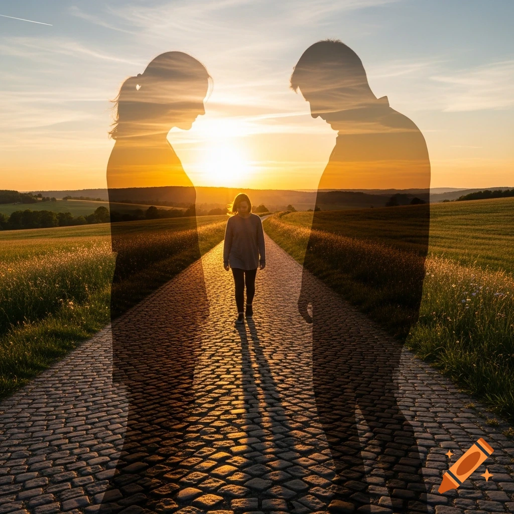 Double exposure image of a child walking on a cobblestone path between faint silhouettes of a man and woman, against a vibrant sunset.