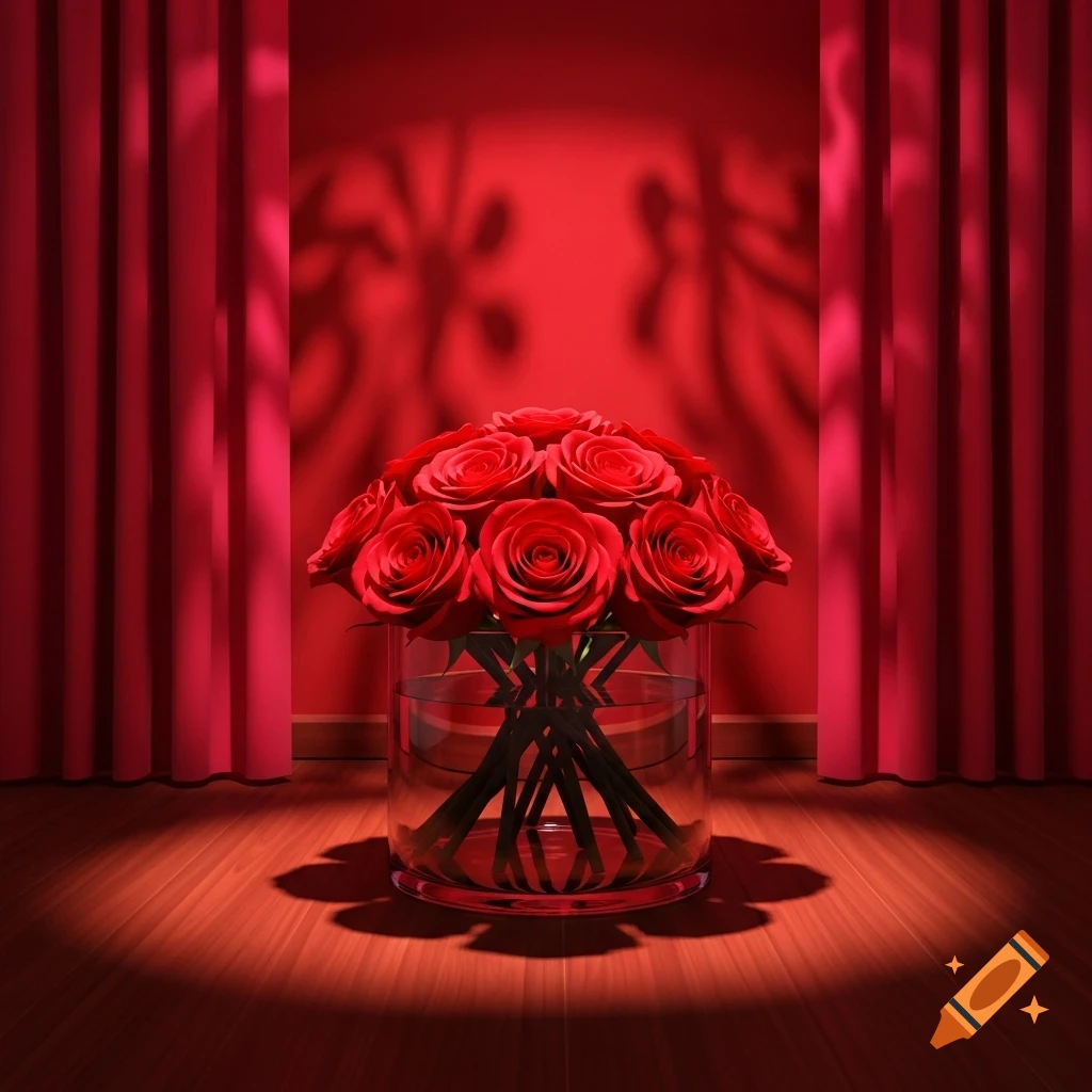 A vibrant bouquet of red roses in a clear vase under a spotlight on a wooden stage, with red curtains.