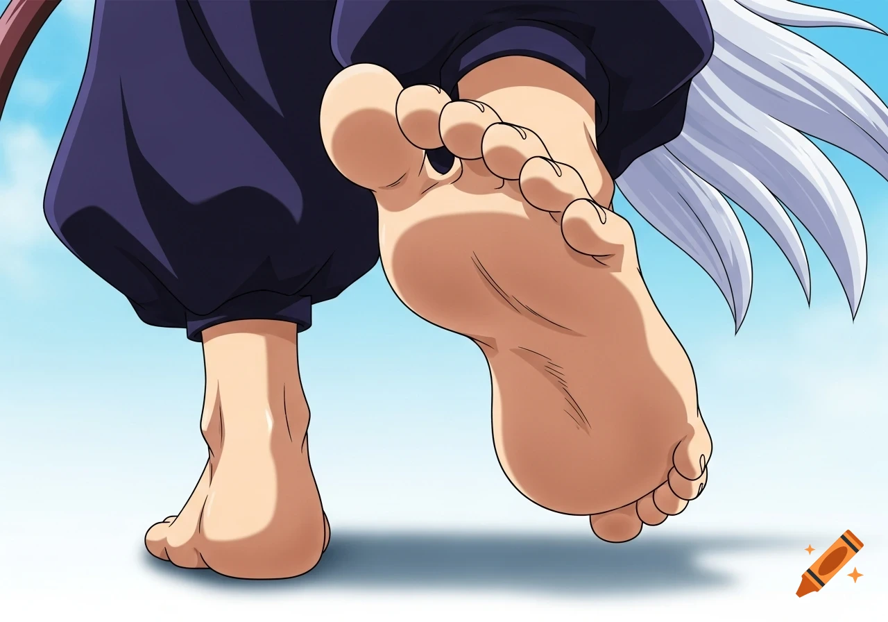 A low-angle anime close-up of a character's bare feet, with one foot stepping forward, showing the sole against a light background.