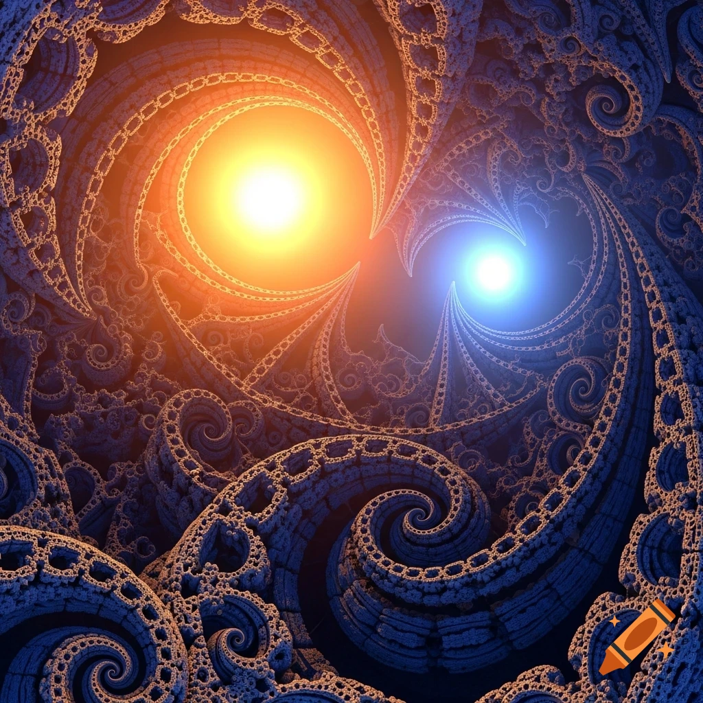 A detailed fractal artwork in a Mandelbulb 3D style, featuring intricate organic patterns in dark blue and orange, illuminated by a bright orange sun and a smaller blue sun.