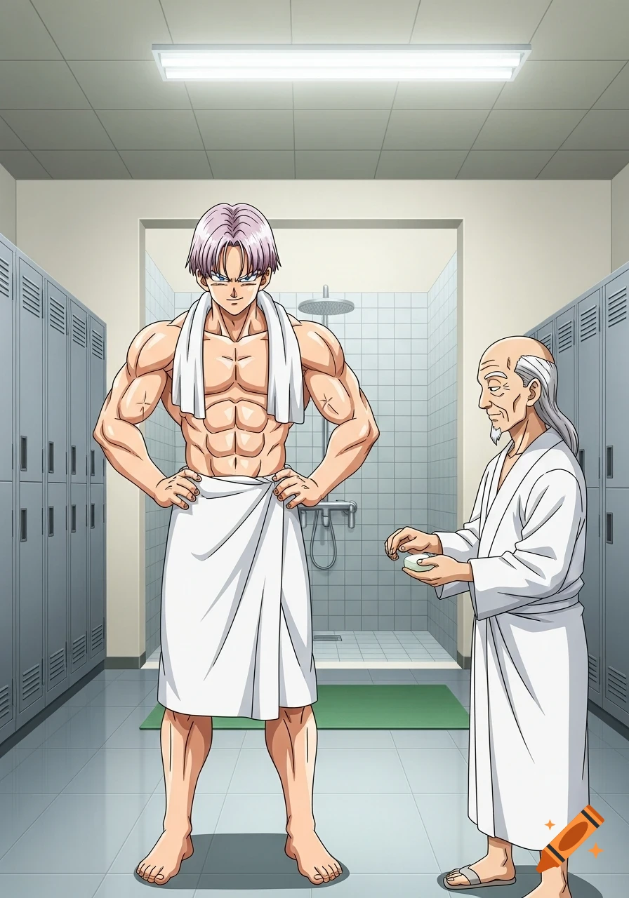A muscular anime man in a white towel stands in a locker room with an elderly man in a bathrobe holding soap.