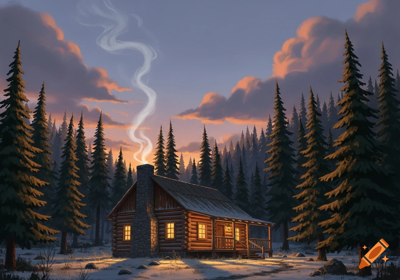 A cozy log cabin in a snowy pine forest at sunset, with smoke rising from its chimney and warm light from its windows.
