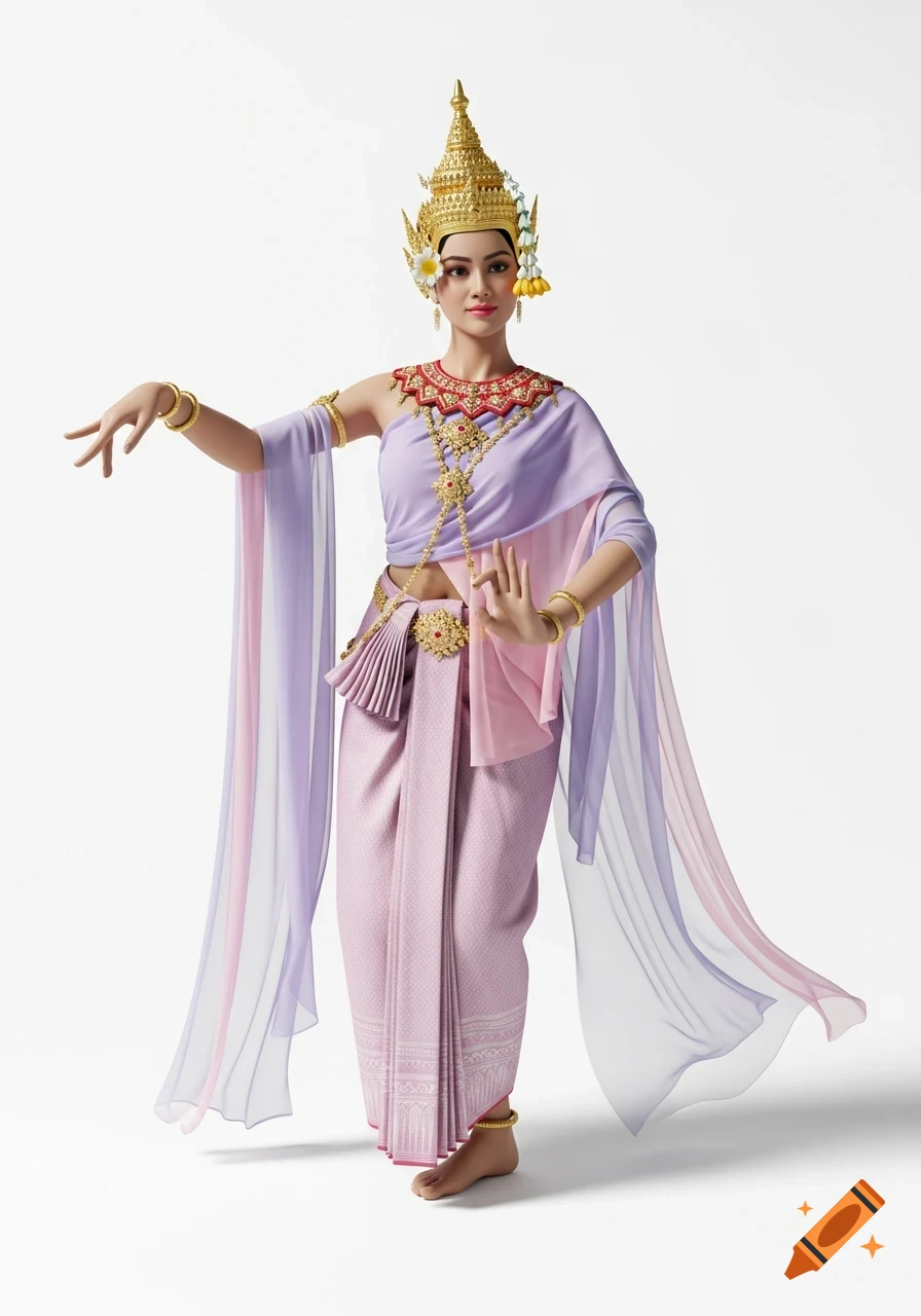 A woman in a golden crown, ornate jewelry, and flowing purple and pink traditional dance attire in a Lasya pose against a white background.