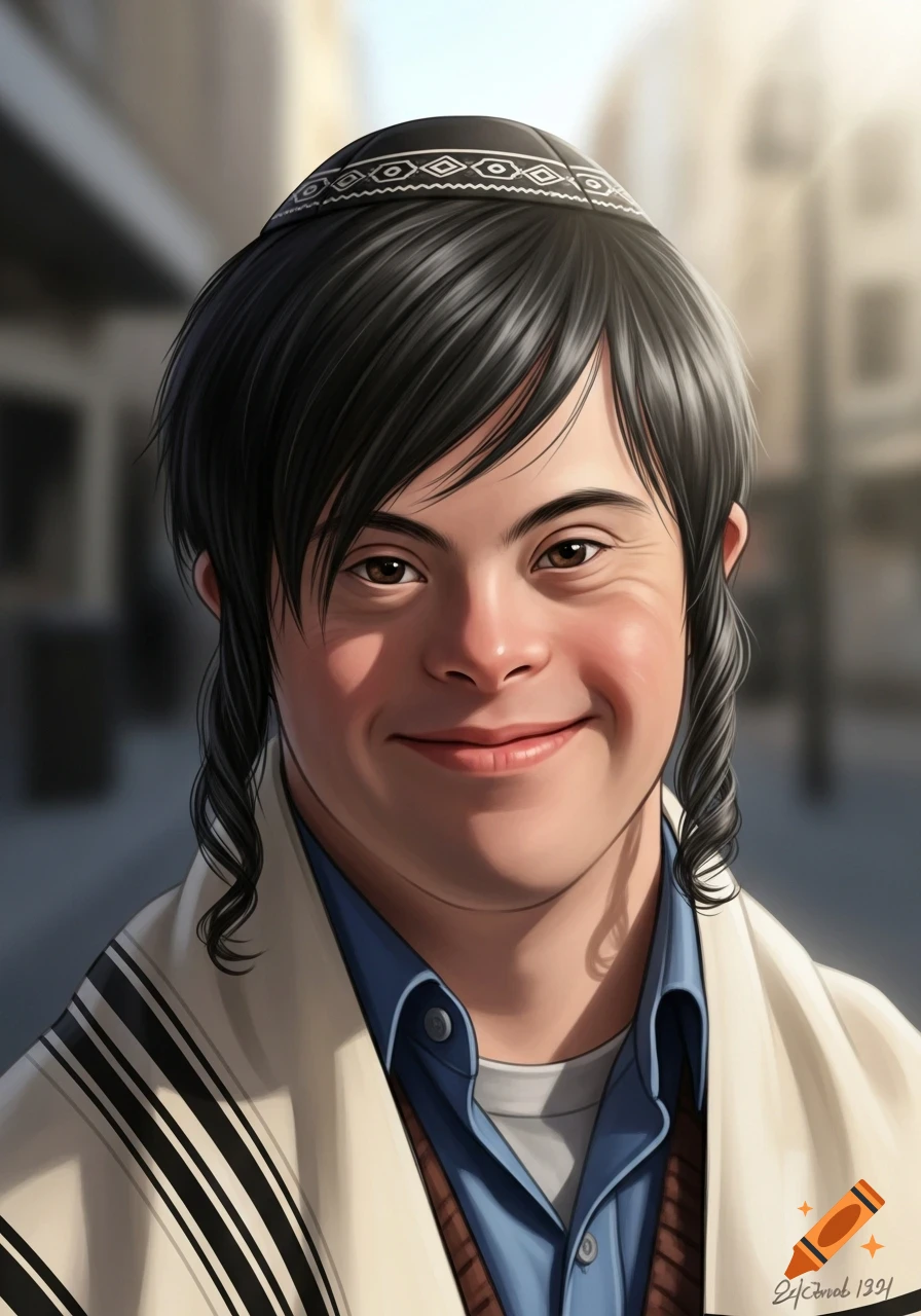 A smiling young Jewish man with Down syndrome, black emo hair, wearing a kippah and tallit, in a digital painting style.