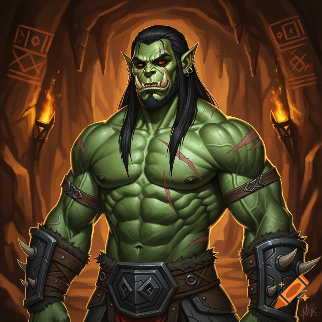 Muscular green-skinned male orc with black hair, red eyes, and scars, wearing armor in a torch-lit cave.