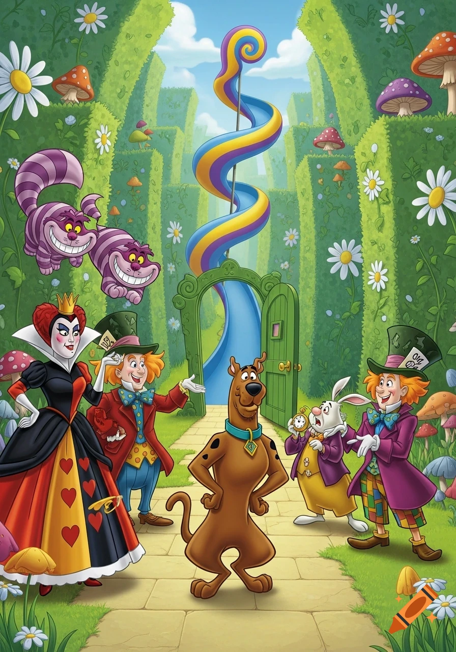 Cartoon scene with Queen of Hearts, Mad Hatters, Cheshire Cats, White Rabbit, and Scooby-Doo in a vibrant Wonderland labyrinth with a colorful slide.