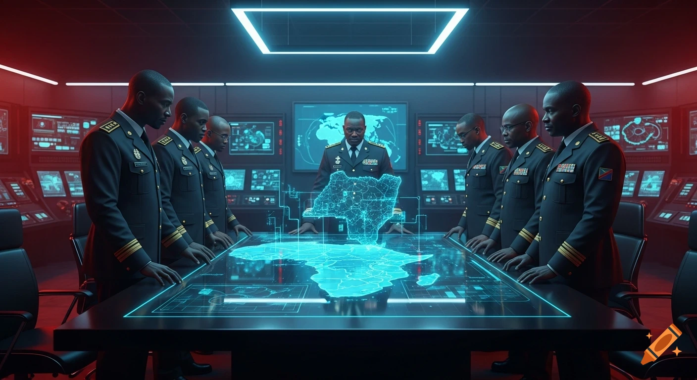 African generals in a futuristic command center gather around a holographic map of Africa under tense blue and red lighting.