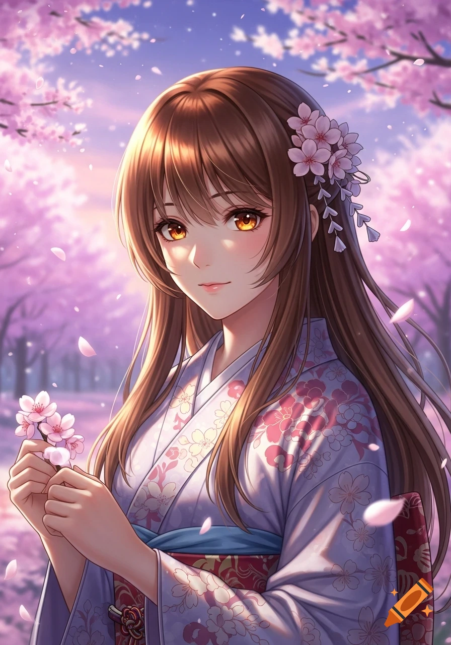 Anime girl with long brown hair and golden eyes in a kimono holding cherry blossoms in a blooming park.