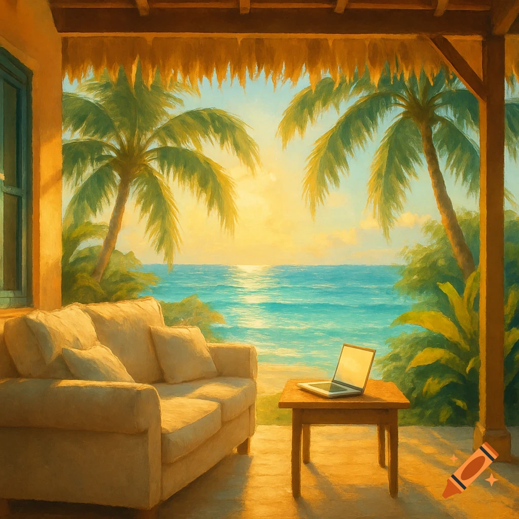 A sunlit porch with a cozy sofa and a laptop on a table overlooks a tropical beach with palm trees and a bright blue ocean.