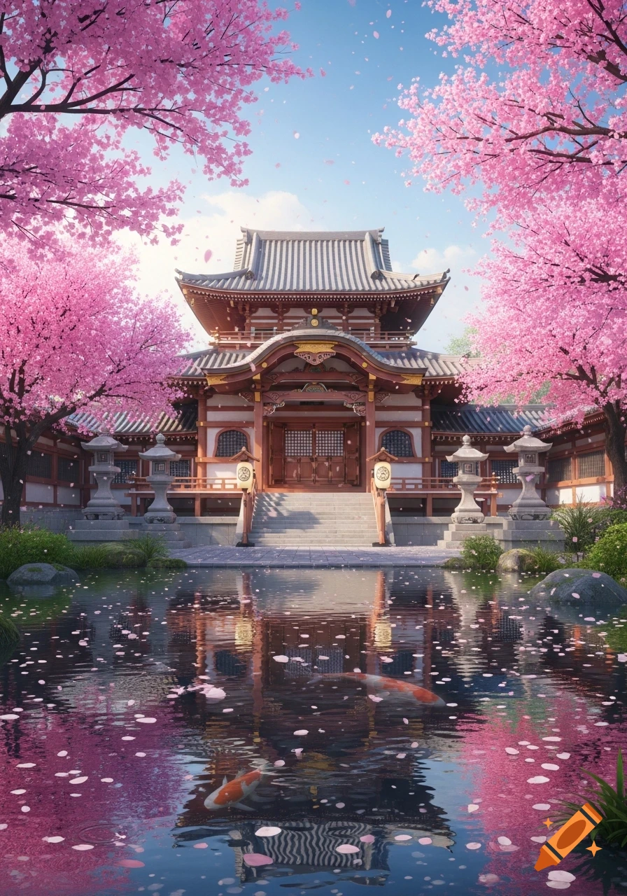 A vibrant Japanese temple stands amidst blooming pink cherry blossom trees, reflected in a pond with koi fish and fallen petals under a blue sky.