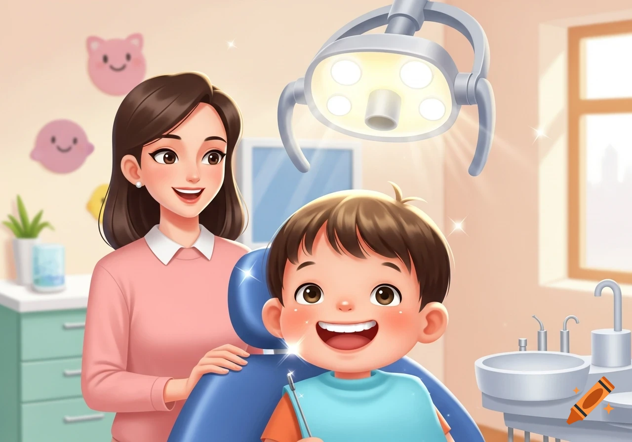 Cartoon illustration of a happy child with sparkling white teeth in a dentist chair, with a proud mother behind.