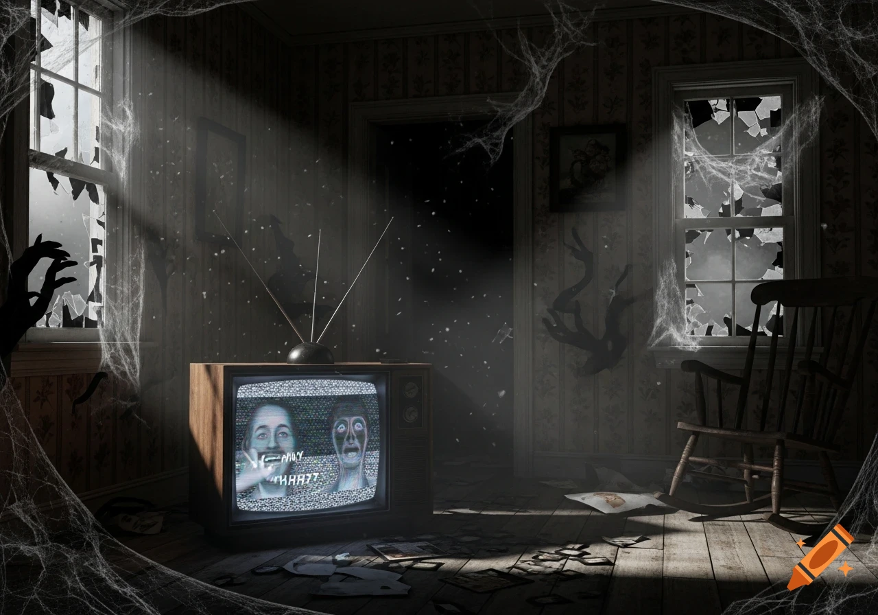 A creepy, dusty room with cobwebs, broken windows, and a monster's shadowy hand reaching in. An old TV displays static with two screaming, distorted faces.