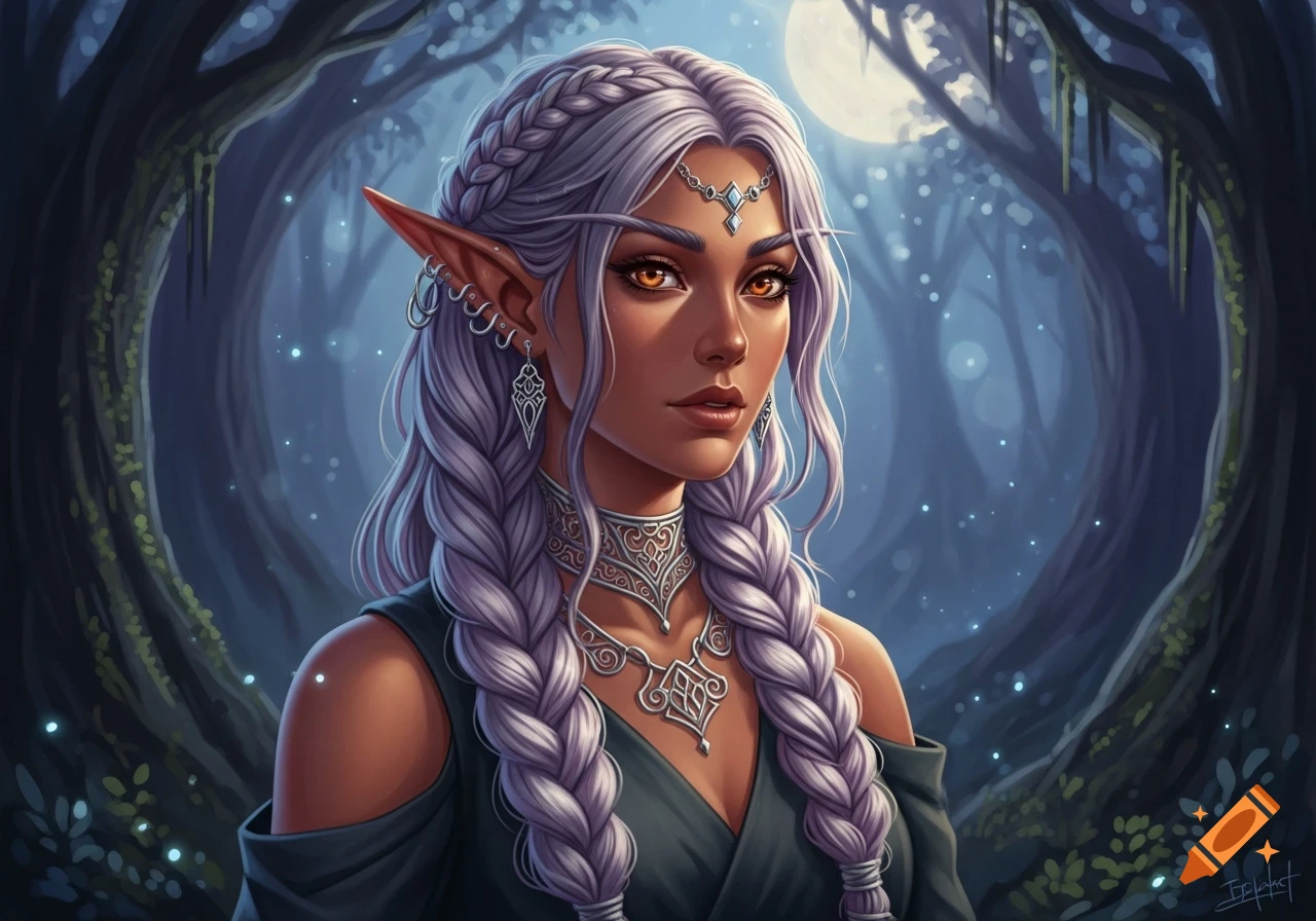 An elf woman with long braided lilac and white hair, amber eyes, tanned ...