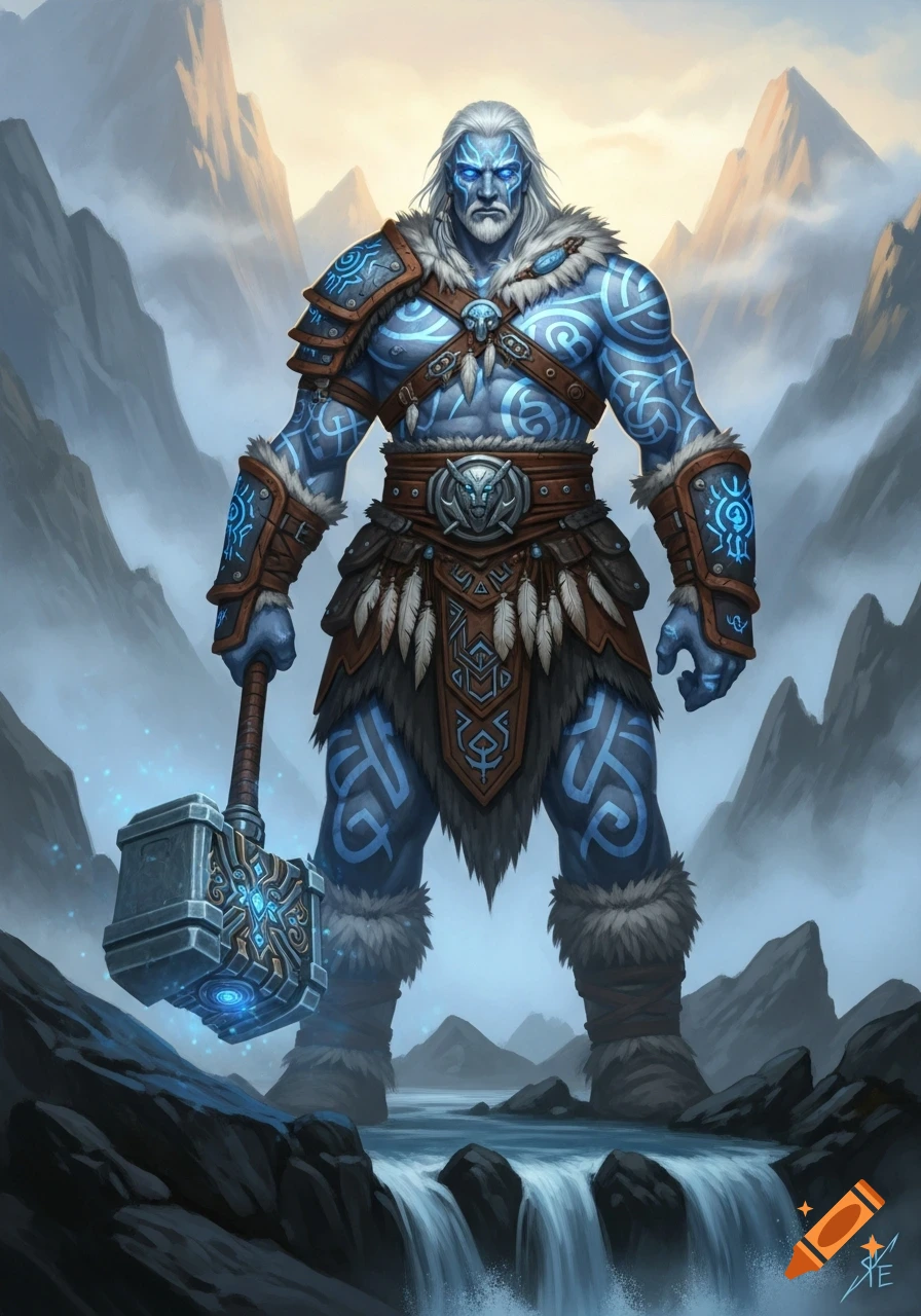 A muscular goliath man with blue skin, white hair, and glowing blue eyes, covered in intricate blue tattoos. He wears fur and leather armor and holds a glowing war hammer, standing in a misty mountain landscape above a waterfall.